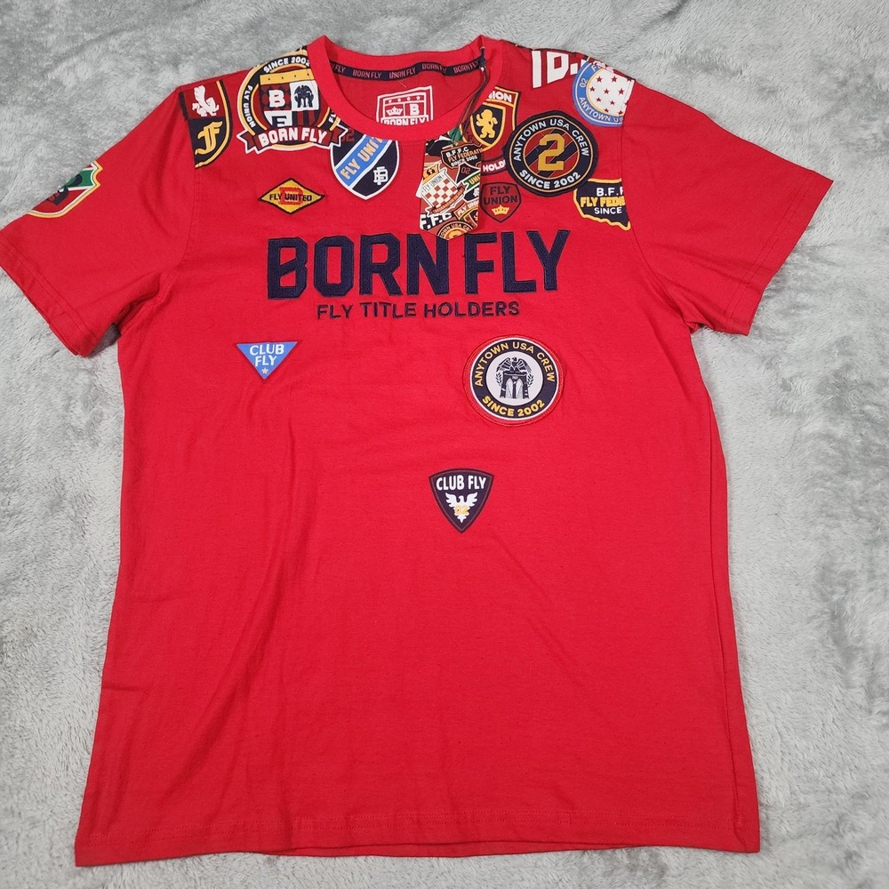 NEW Born Fly Shirt Mens XL Red Multi Patch Club‎ Fly Crew Streetwear Y2K LOGO